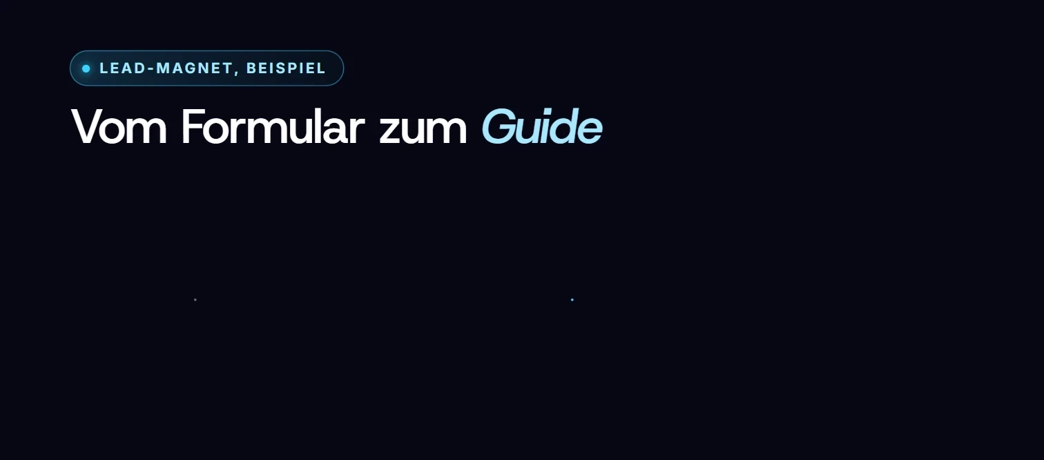 Animation: Ablauf eines Lead-Magneten als ausgedachtes Beispiel: Formular mit Name und Telefonnummer, danach Danke-Seite, danach PDF Freizeit-Guide zum Download.