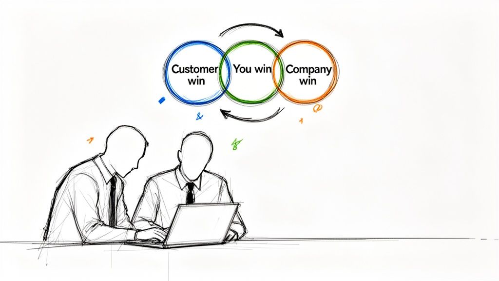 Sketch illustrating a 'win-win-win' strategy with customer, self, and company success, overseeing two business people working on a laptop.