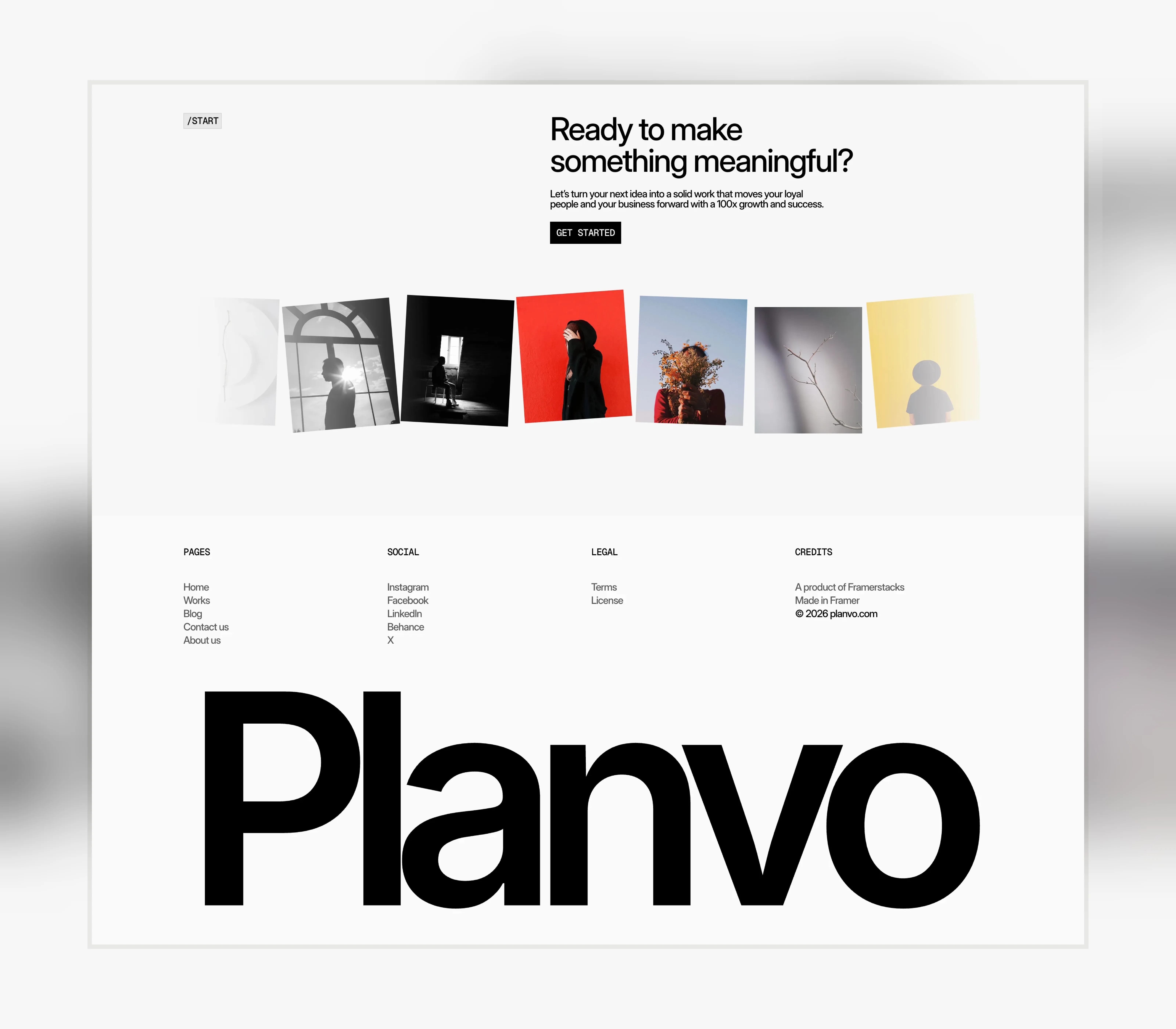 Minimal creative agency footer section with a call-to-action, image collage, navigation links, and branding.