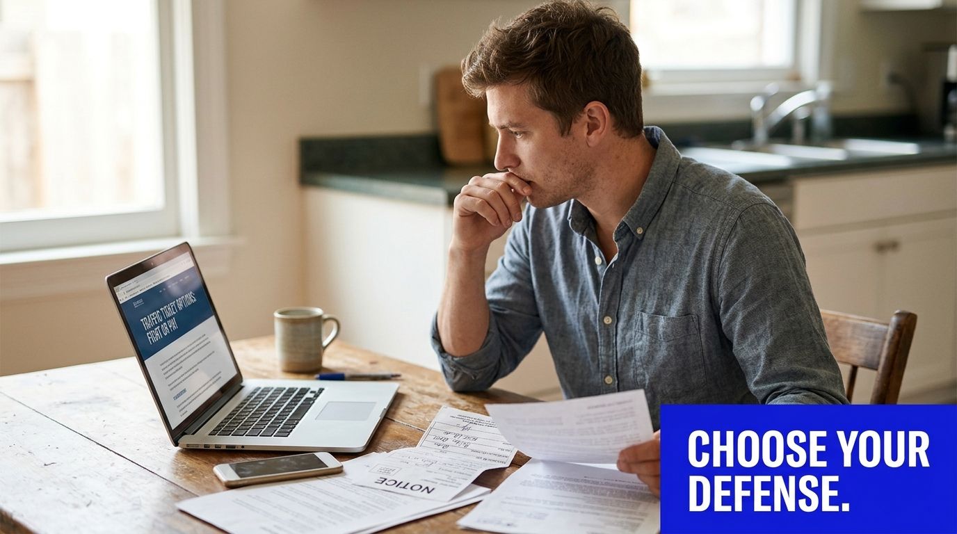 A concerned young man reviews legal traffic ticket documents while using a laptop at his kitchen table.