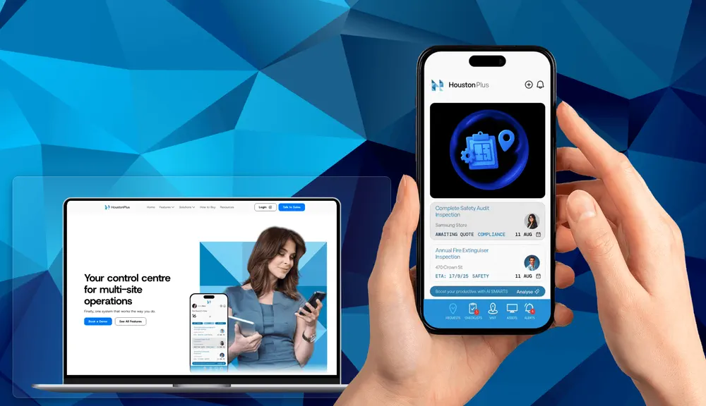 Multi-site SaaS dashboard and mobile interface design showcasing HoustonPlus platform UX