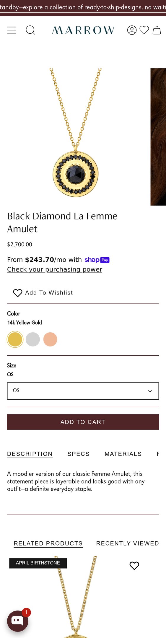 Jewelry product options include:  for Black Diamond La Femme Amulet from Marrow Fine.