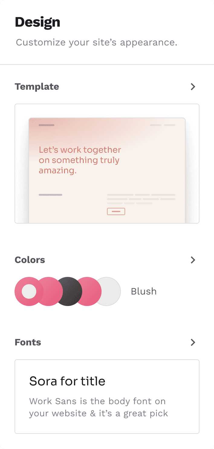 The design panel in Copyfolio, showing options for customizing the look of your site, like switching a website template, choosing a new color palette, or setting a different font preset.