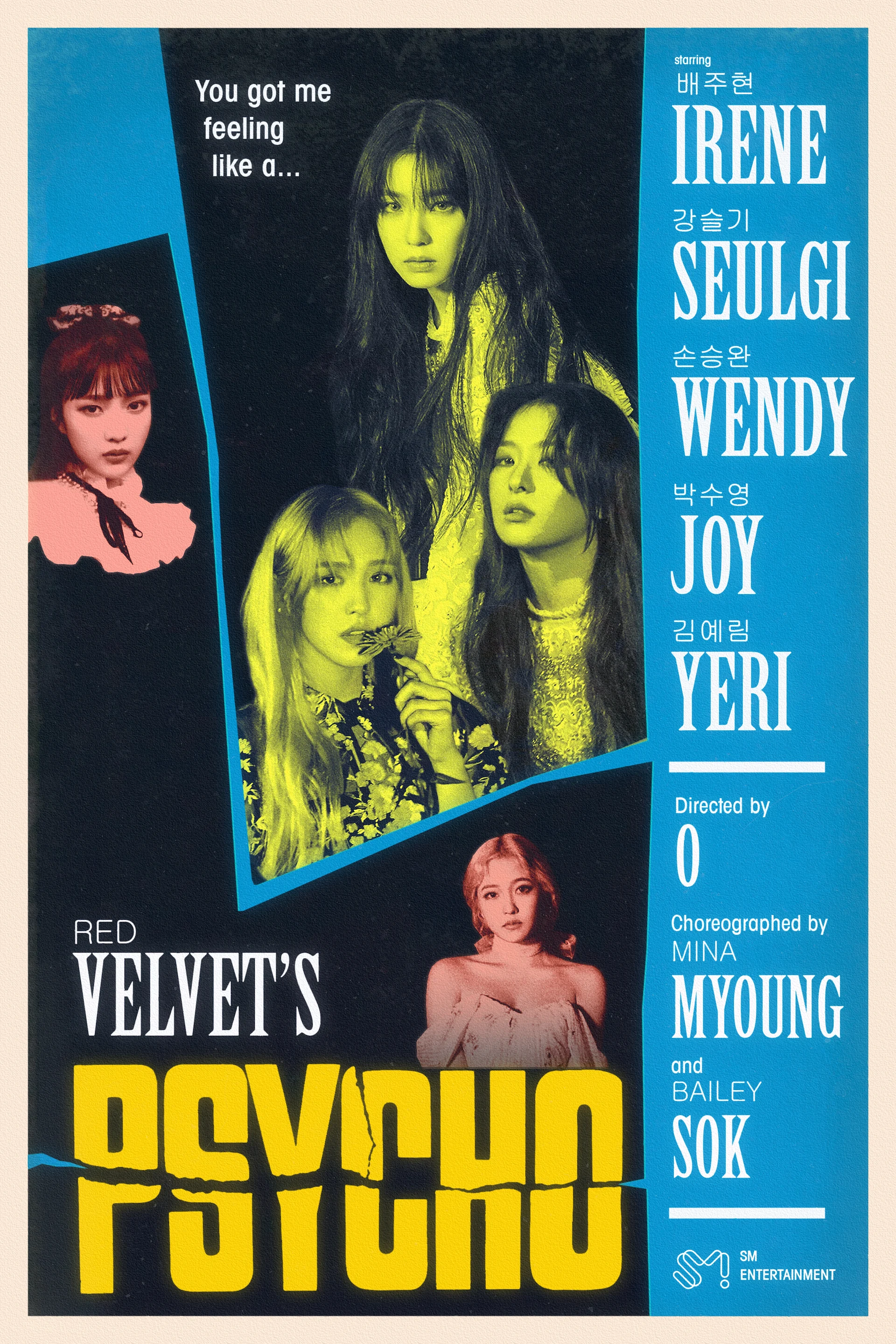 Vintage poster for Red Velvet's Psycho inspired by the design of Alfred Hitchcock's Psycho poster