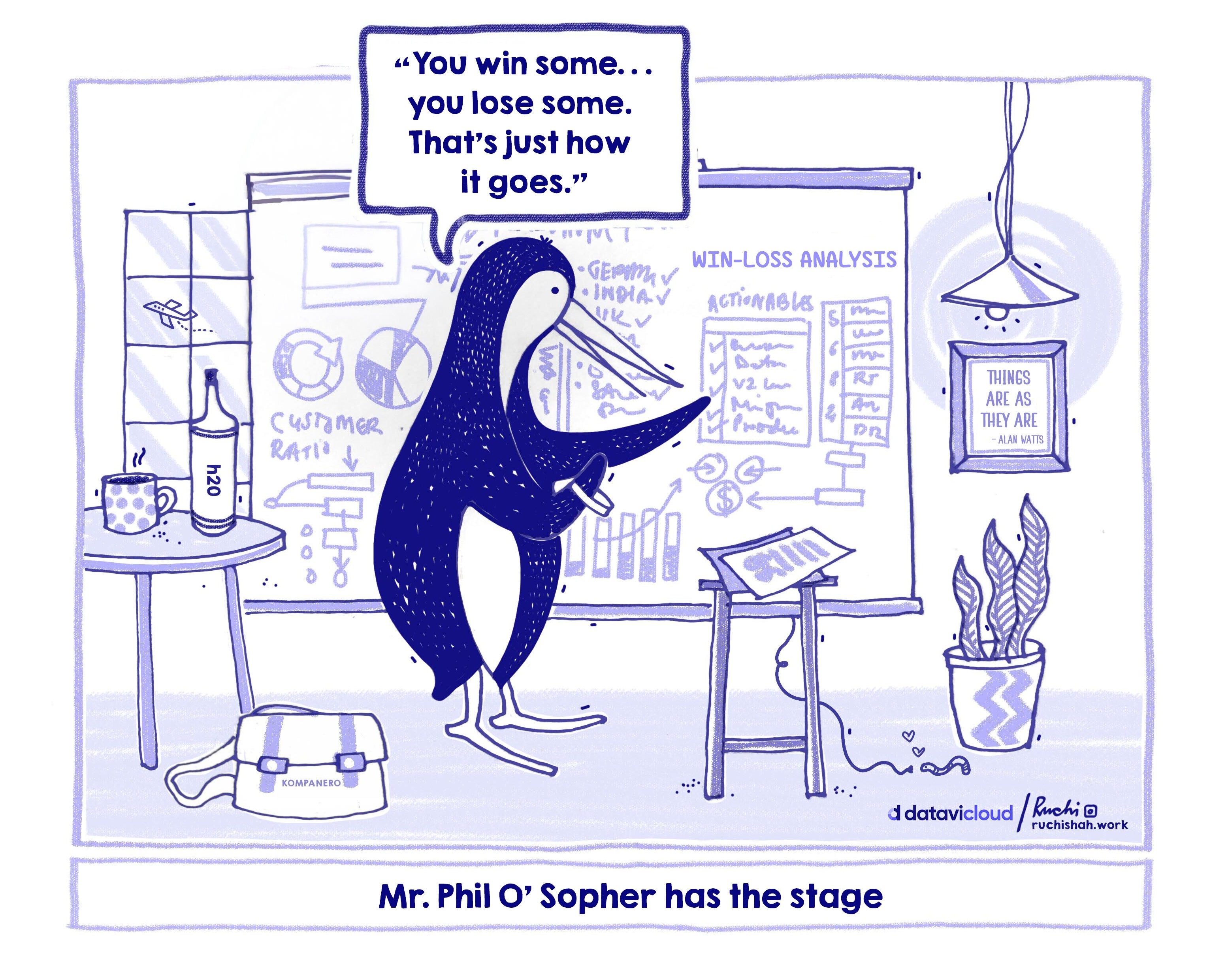 B2B sales humor cartoon featuring a penguin character named 'Mr. Phil O' Sopher' giving a Zen-like presentation on win-loss analysis to highlight the need for data-driven sales insights.
