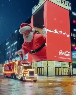 Giant Santa on a building screen reaches for a glowing Coca-Cola Christmas truck on a wet city street at night.