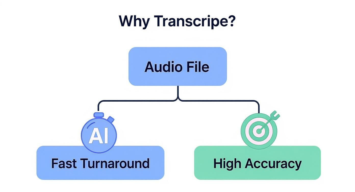 An infographic explaining why to transcribe audio, highlighting fast AI-driven turnaround and high accuracy.