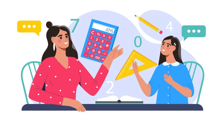 Illustration of teacher and student engaging with math tools like a calculator, ruler, and numbers.