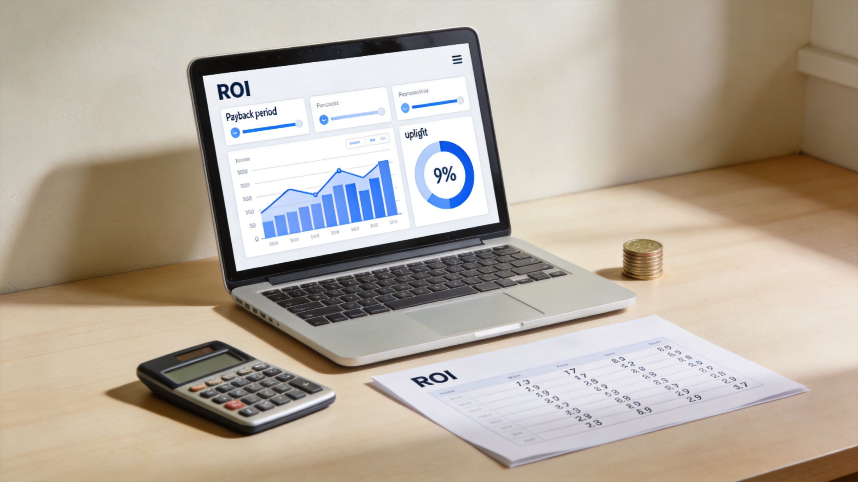 A modern laptop displaying ROI analytics charts alongside a calculator and a financial report on a desk.