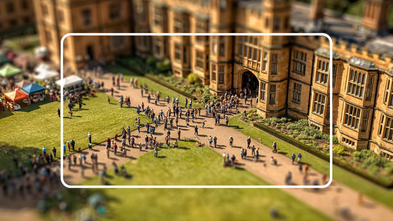 People gathered in front of a historic building with market stalls on a sunny day
