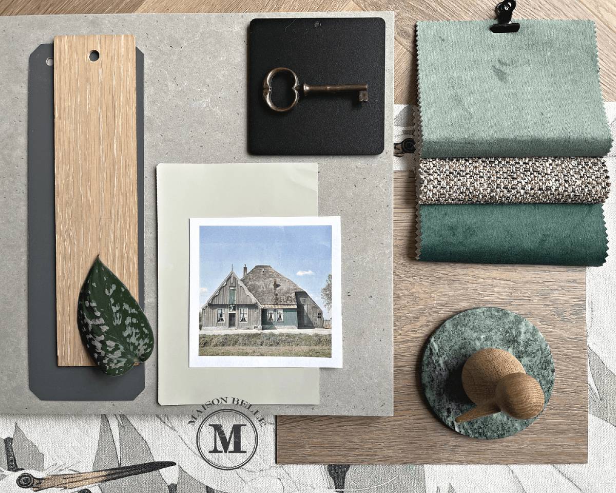 moodboard interieur ouderenzorg groen, grijs, bruin 