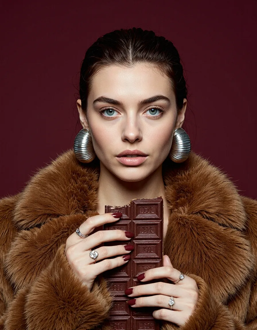 Fashion portrait with fur coat, silver earrings, and chocolate bar on burgundy backdrop showcasing luxury styling