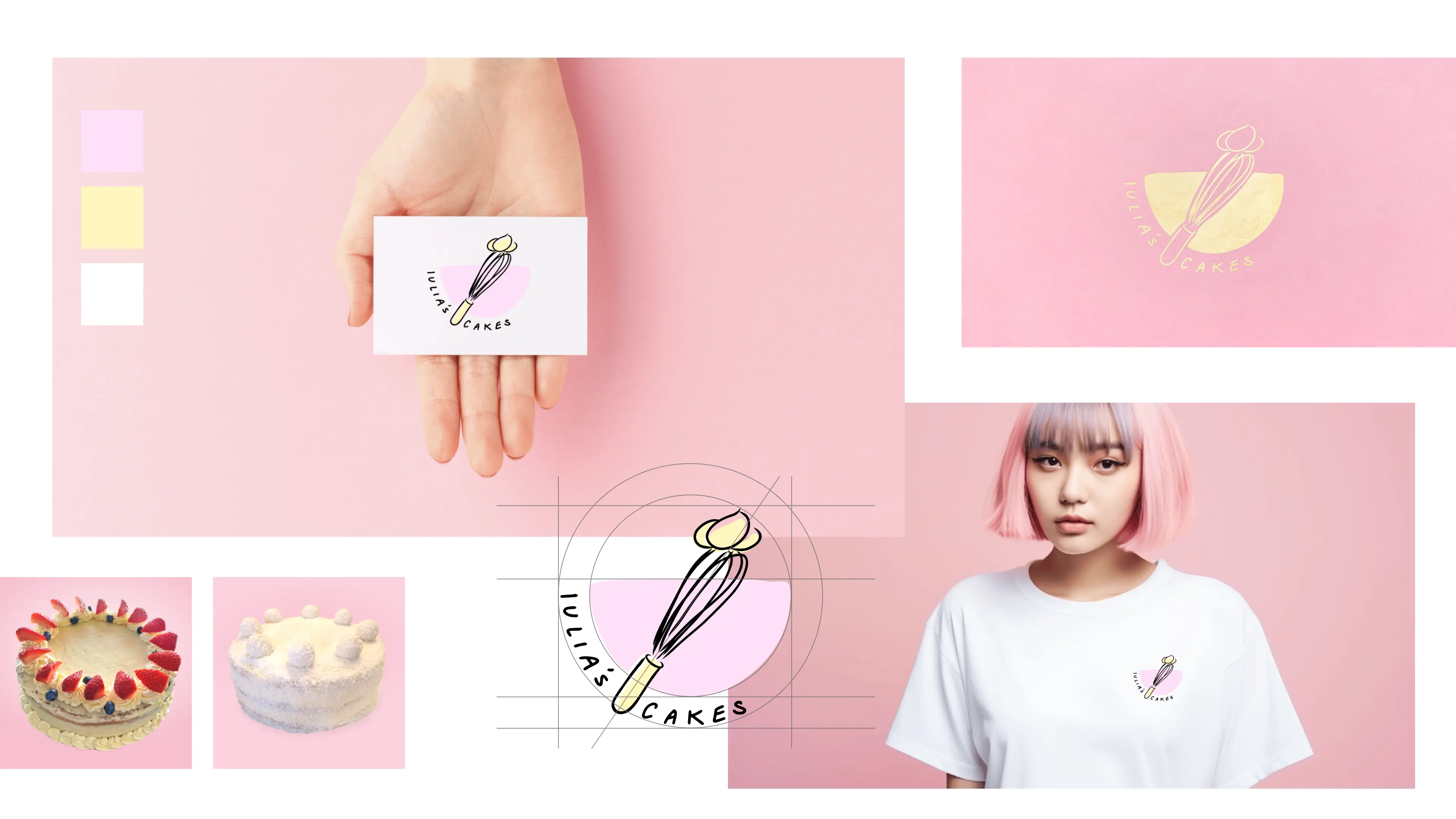 Ein süßes Corporate Design für eine Kuchenbäckerin: Handgemachtes Logo in Kombination mit rosa, weiß und gold.