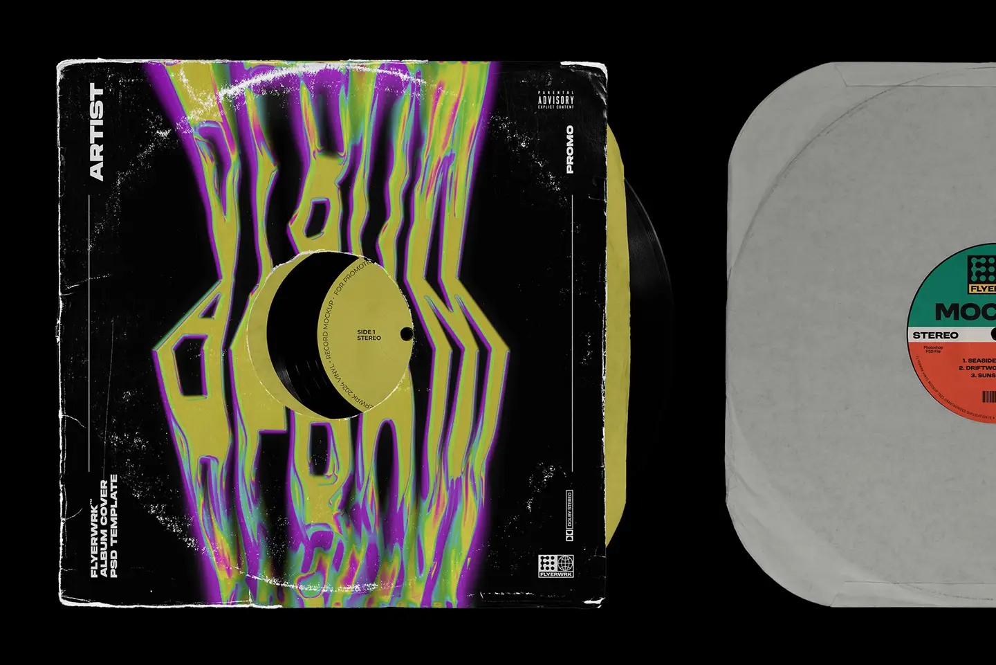 Vinyl record mockup displaying custom album cover design with colorful artwork