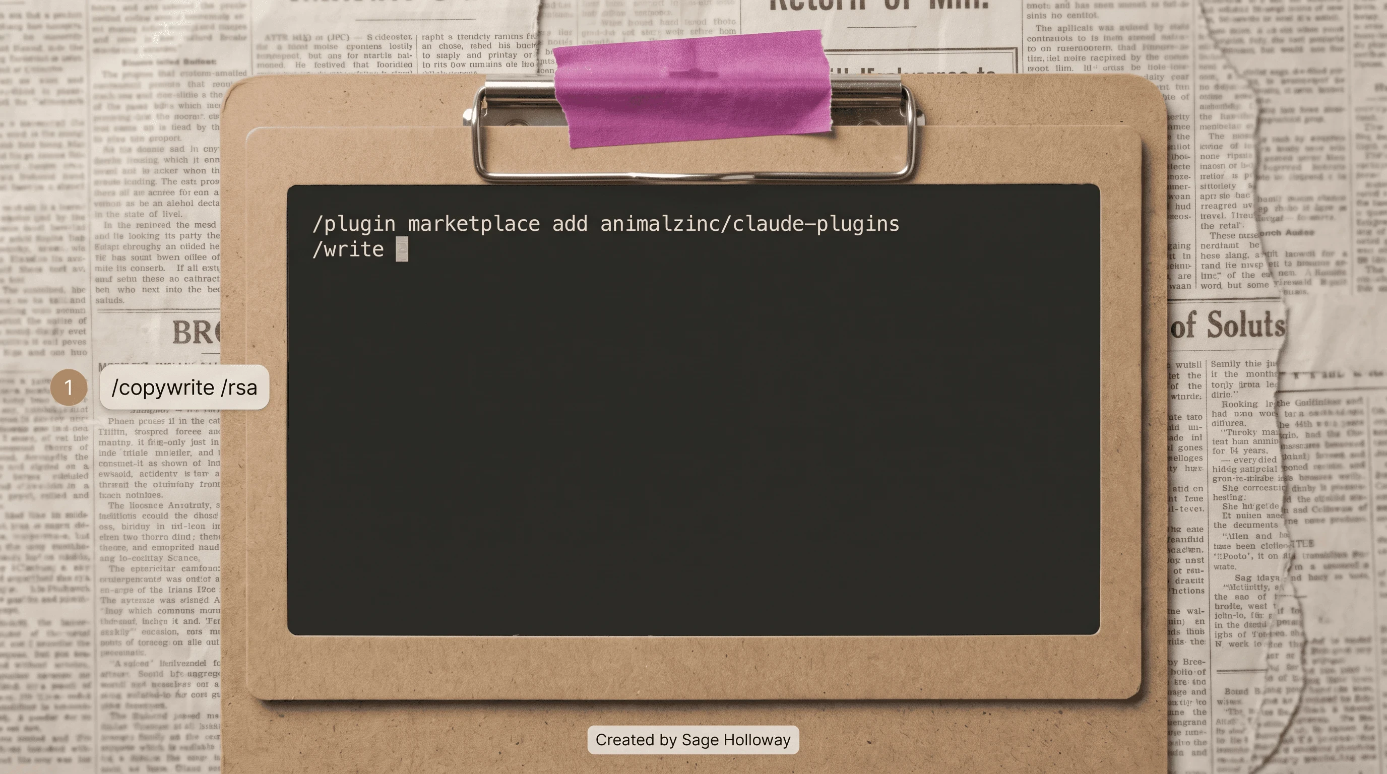 Claude Code showing plugin marketplace add animalzinc/claude-plugins then /write
