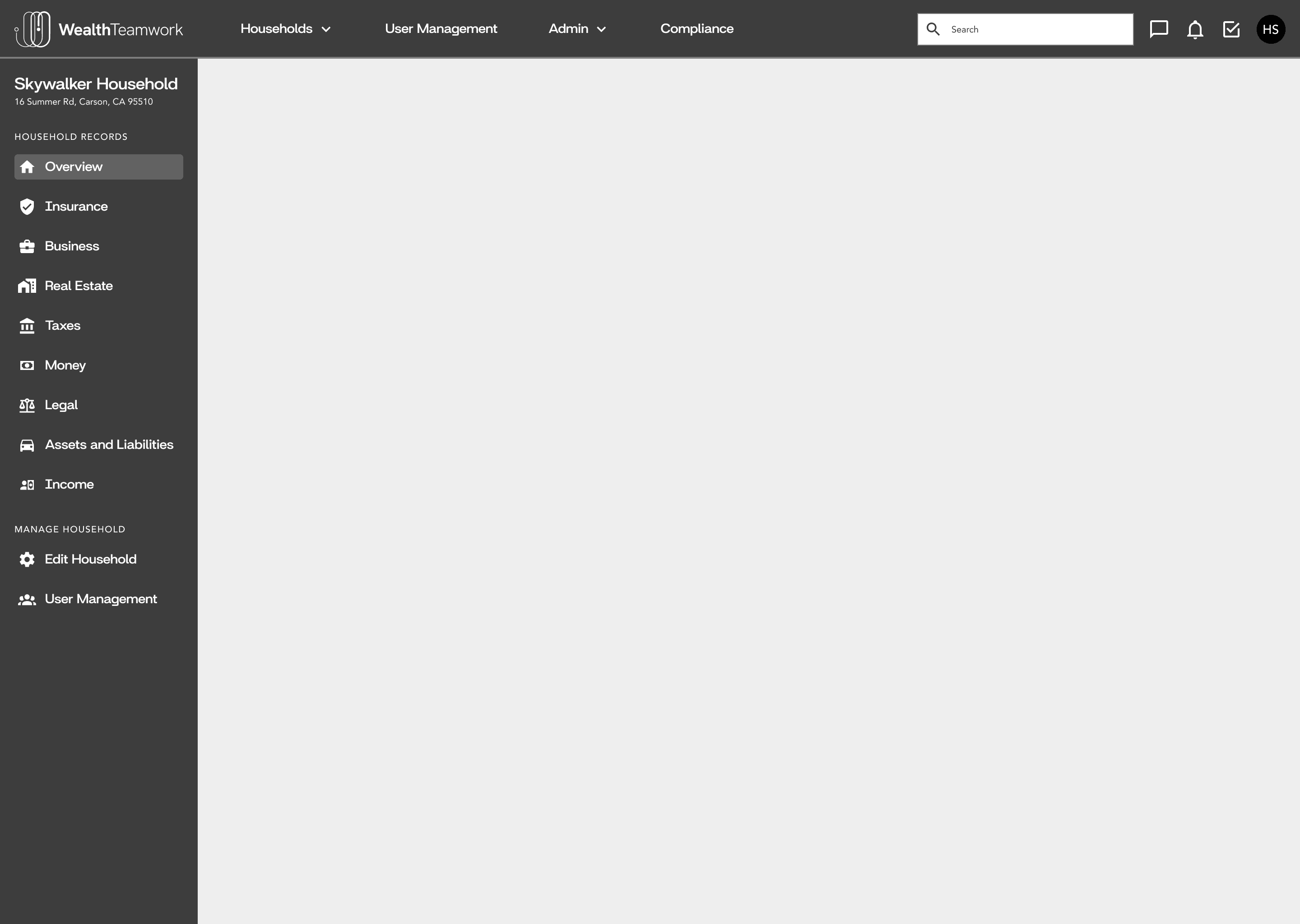 Low-fidelity wireframe showing advisor navigation with a two-tiered structure, including a global top bar for firm actions and a left sidebar for household content.