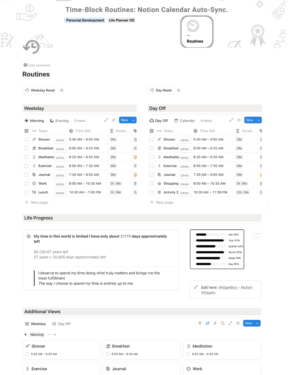 Routines Notion Template - Daily Time-Block Planner with Notion Calendar Sync (full template preview)