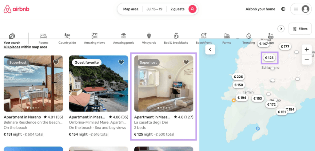 UX design example with advanced filters and map-based search
