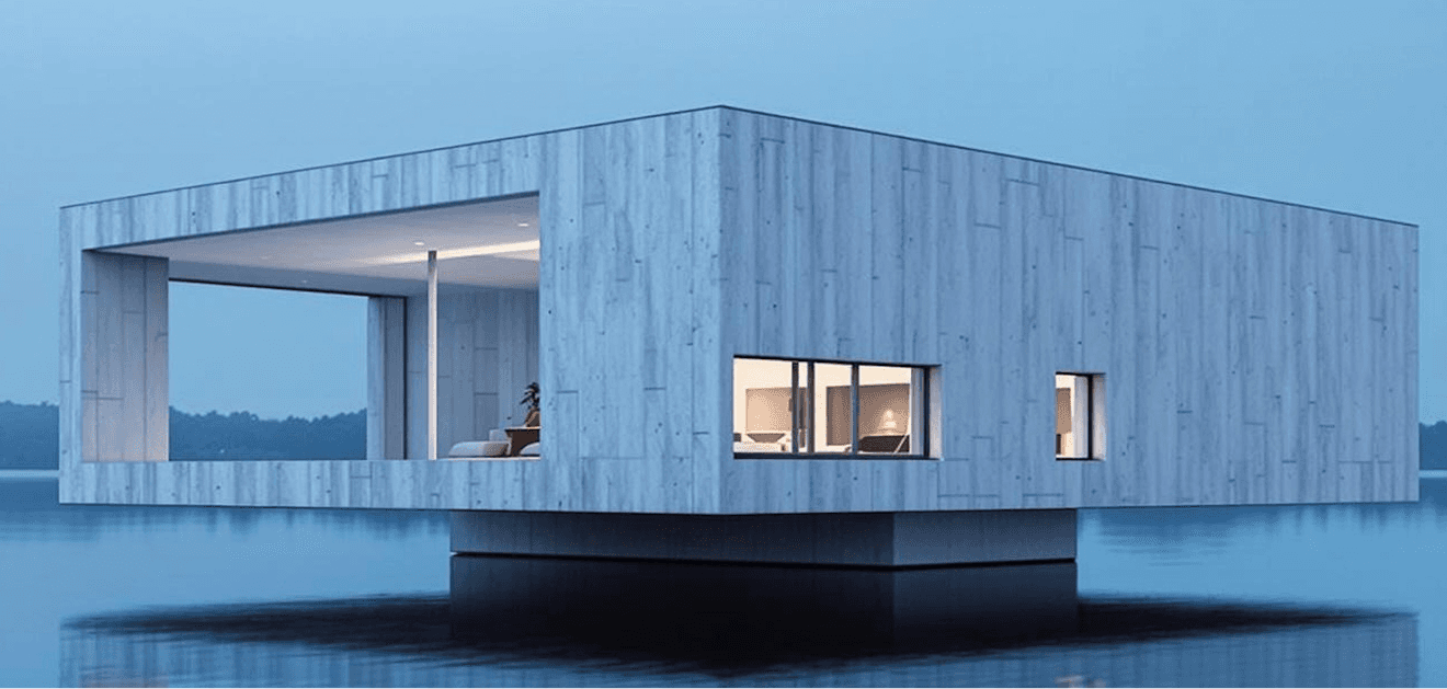A house floats on water, featuring a large window that reflects the surrounding scenery.