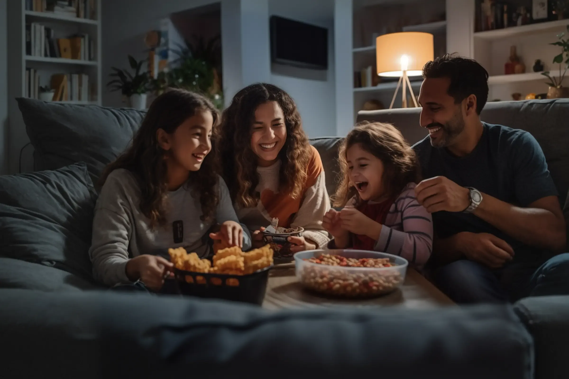Family enjoying a cozy movie night together at home