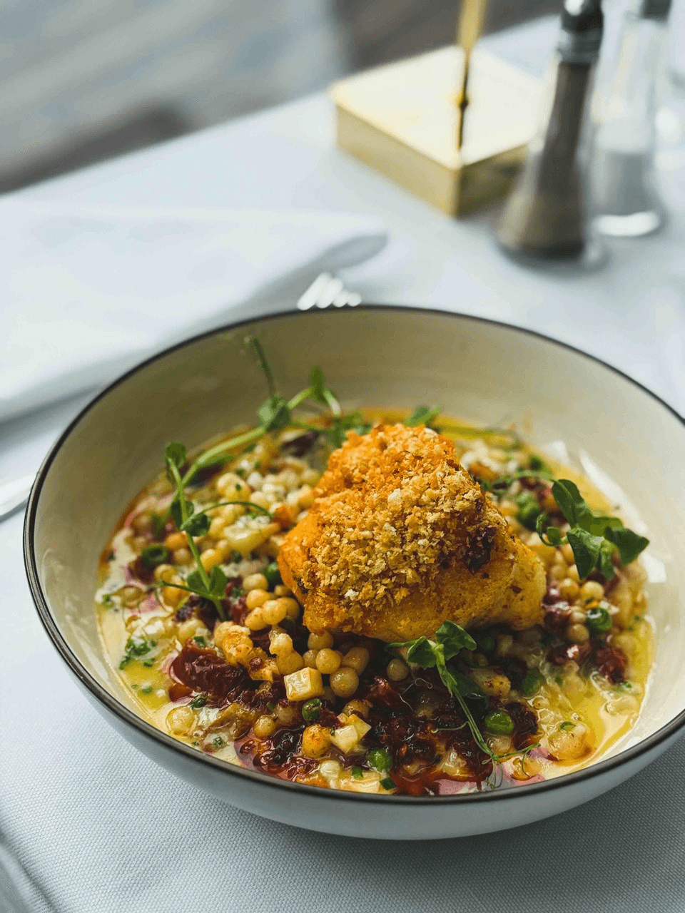 A bowl of creamy, vibrant chickpea curry topped with a crispy, golden-crusted piece of chicken, garnished with fresh greens and served on a white tablecloth with silverware.