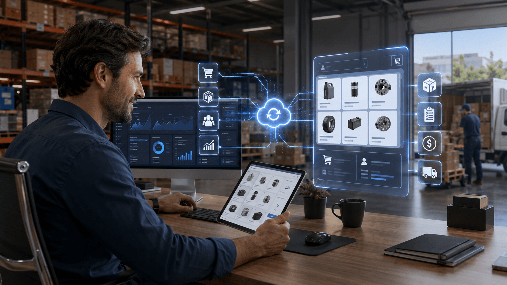 Homem trabalhando em um escritório integrado a um centro de distribuição, usando tablet e computador enquanto interfaces digitais holográficas representam a sincronização entre portal B2B, pedidos, estoque, clientes e ERP. Ao fundo, há prateleiras com caixas, operação logística e carregamento de mercadorias.