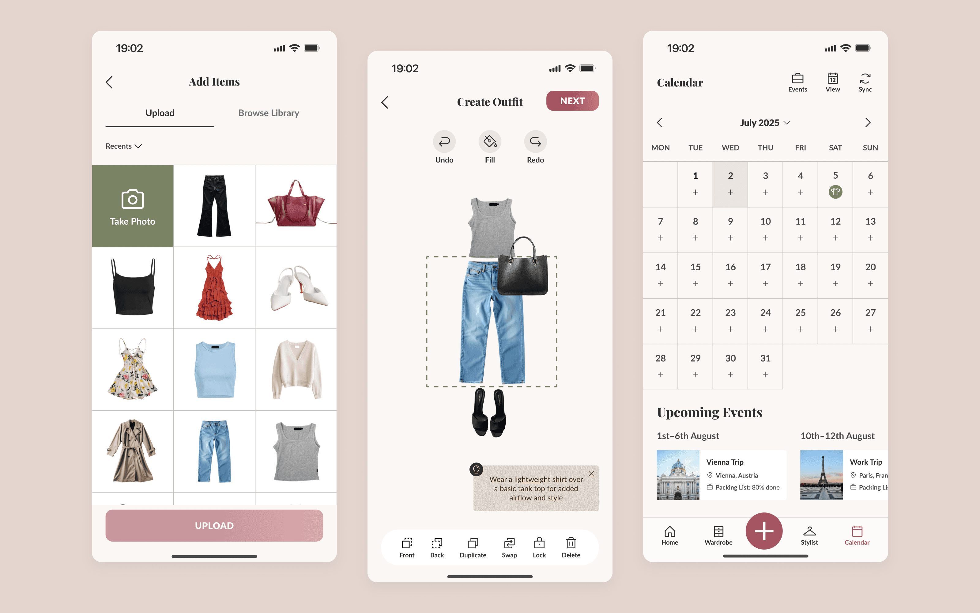 Item upload, create outfit and calendar screens