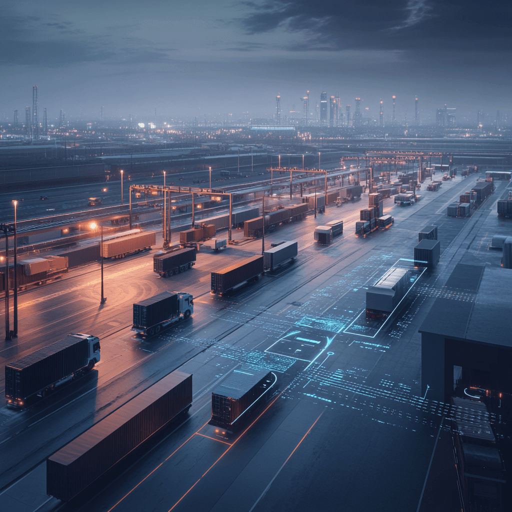 A logistics facility showcasing trucks and cargo containers with digital emissions monitoring overlays.  