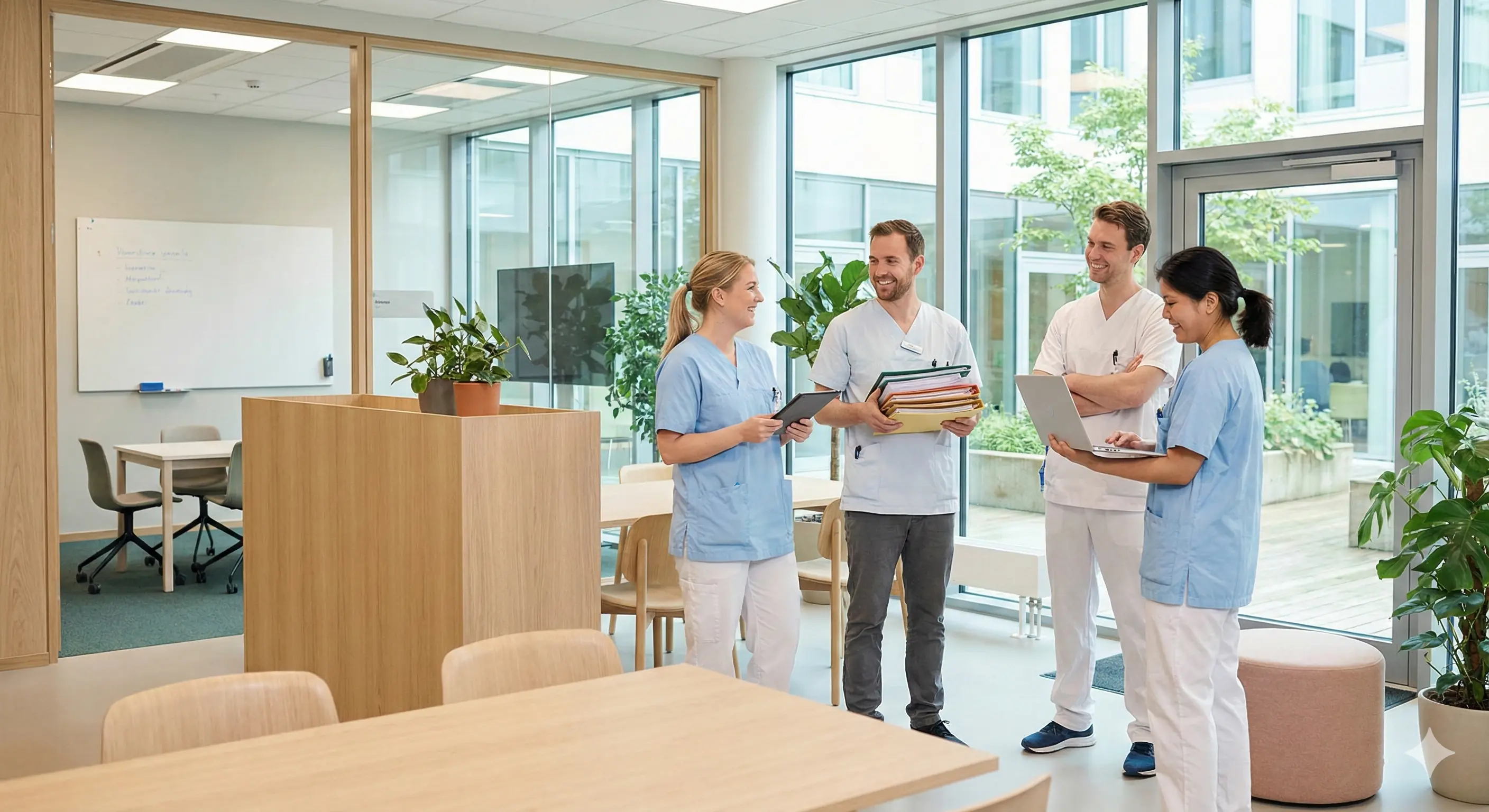 Pflegepersonal bespricht Patientendaten im Team in moderner Einrichtung