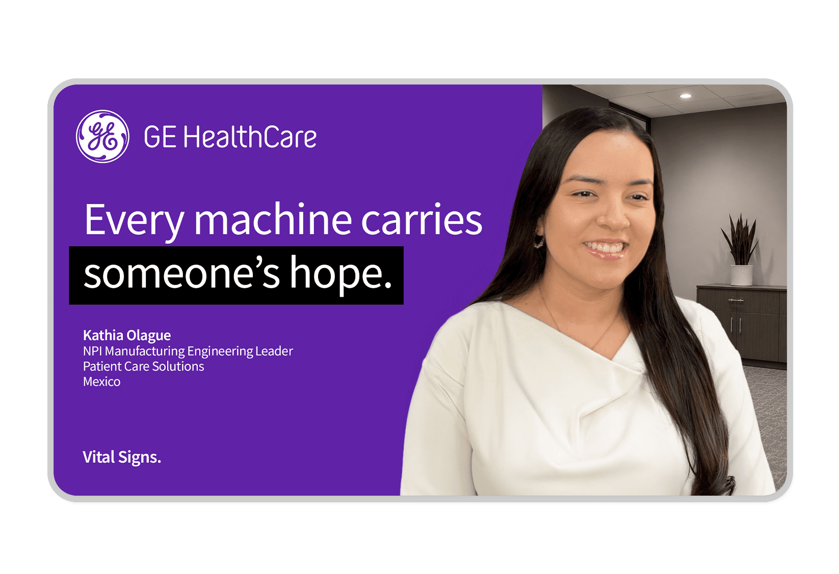GE HealthCare Every Role is Vital EVP campaign explainer featuring Diego, an old Polaroid of him in the hospital, a current picture of him at work on a branded purple background.
