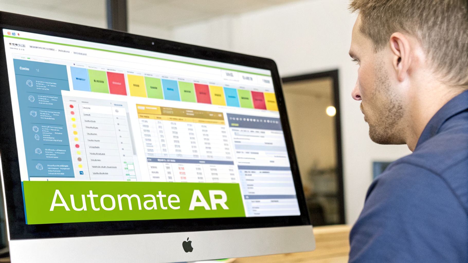 Man viewing business software on an Apple iMac screen with 'Automate AR' displayed.