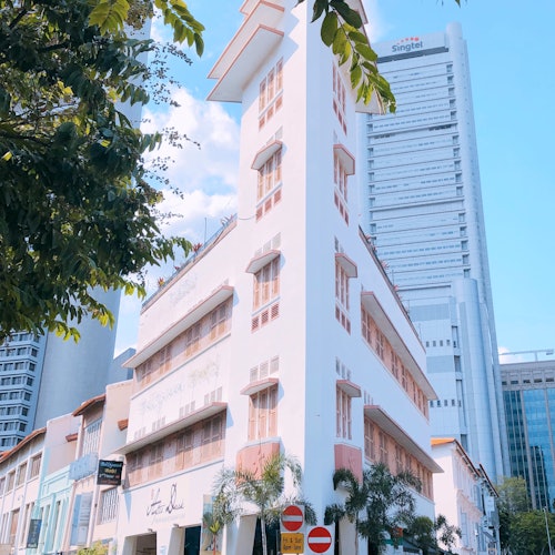 高大狭长的白色建筑带有粉色窗户装饰，周围环绕着绿植，背景是更高的建筑物。