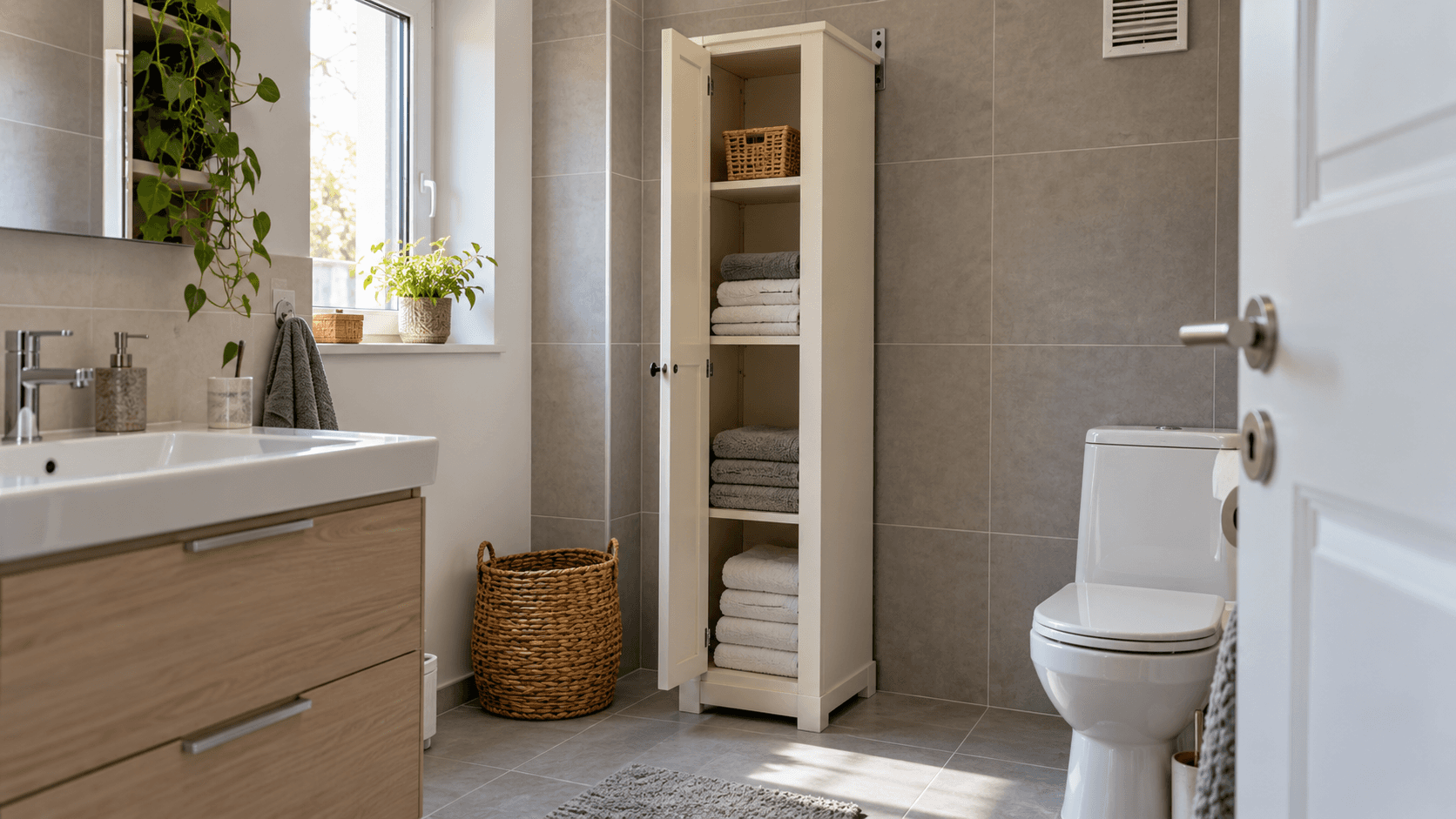 Colonne de rangement étroite fixée au mur d’une petite salle de bains, avec des serviettes sur les étagères et une grille d’aération dégagée.