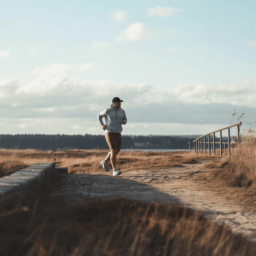 Leicht übergewichtiger Jogger trabt vom Starnd in Richtung Dünen während der Abendsonne