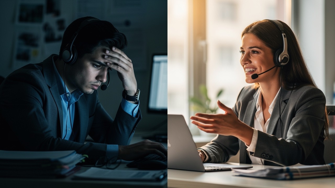 Contrast between frustrated and confident sales professionals