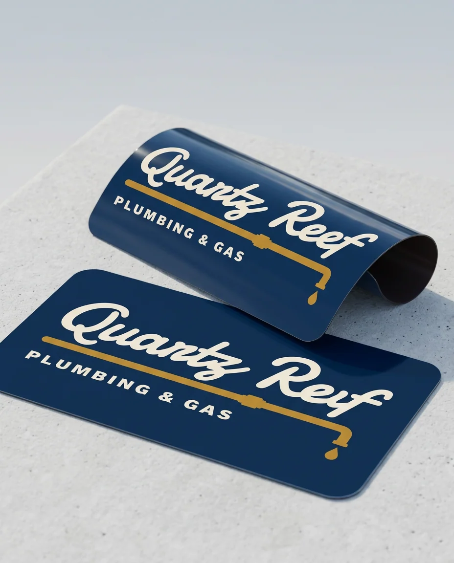 Magnetic Car Signs for Quartz Reef Plumbing & Gas: Low three-quarter view of a pair of 600 x 300 mm magnetic vehicle signs with rounded corners on pale grey concrete, filling the frame: 0.85 mm