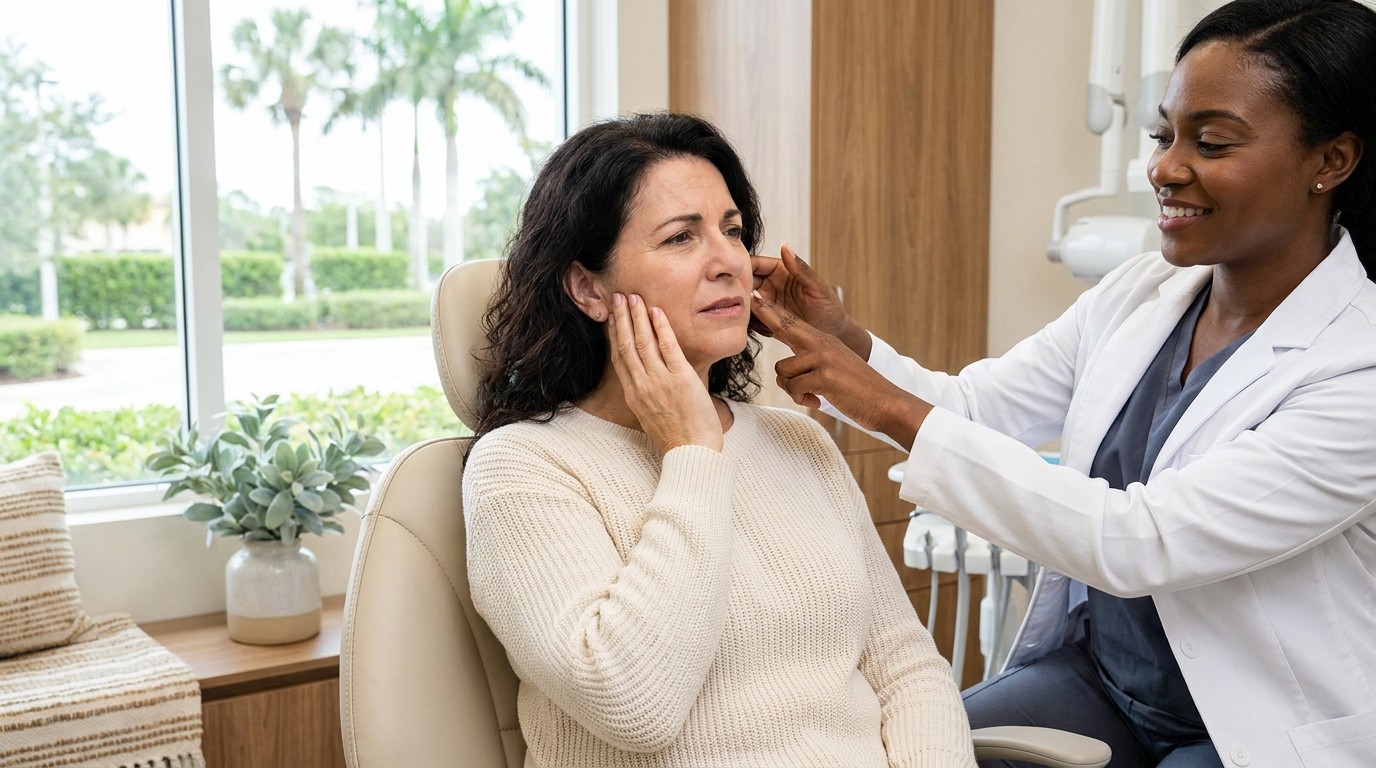 Patient holding their jaw near the ear while a Palm Beach Gardens dentist examines limited jaw movement