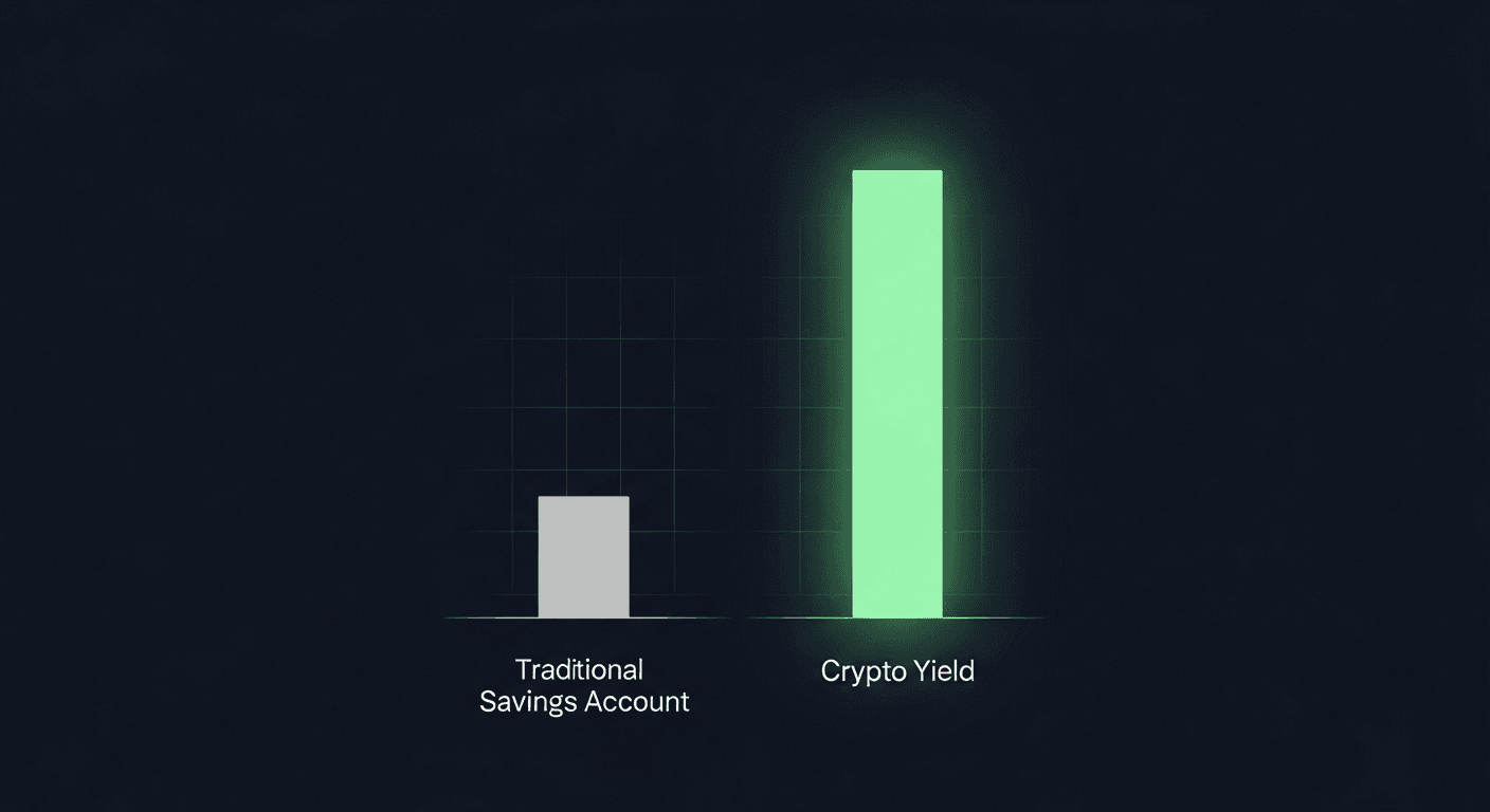 Abstract illustration showing a rising yield curve against a comparison of crypto versus traditional savings rates, with a dark background and green accents