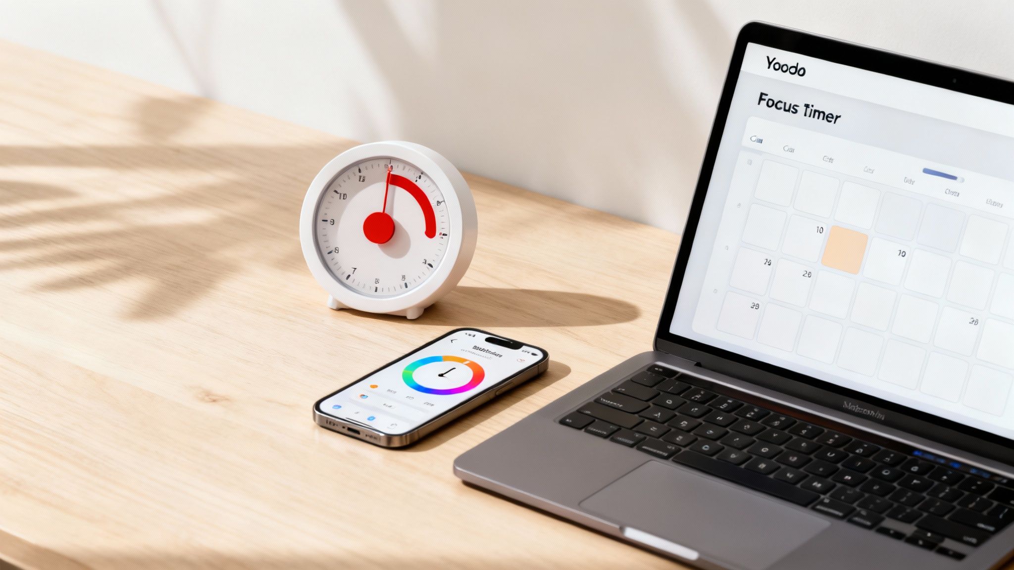 A visual timer on a desk next to a laptop, with a frustrated person in the background.