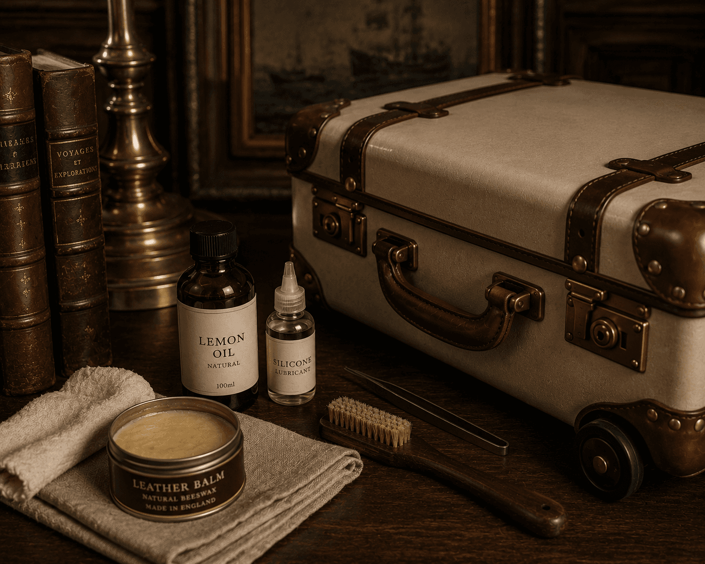 A detailed luggage maintenance setup on a wooden surface beside a vintage-style cream suitcase with brown leather trim. Featured items include an open tin of natural beeswax leather balm resting on folded linen towels, a bottle of lemon oil, a bottle of silicone lubricant, a wooden-handled bristle brush, and precision tweezers, with antique leather-bound books and a brass lamp base in the background.