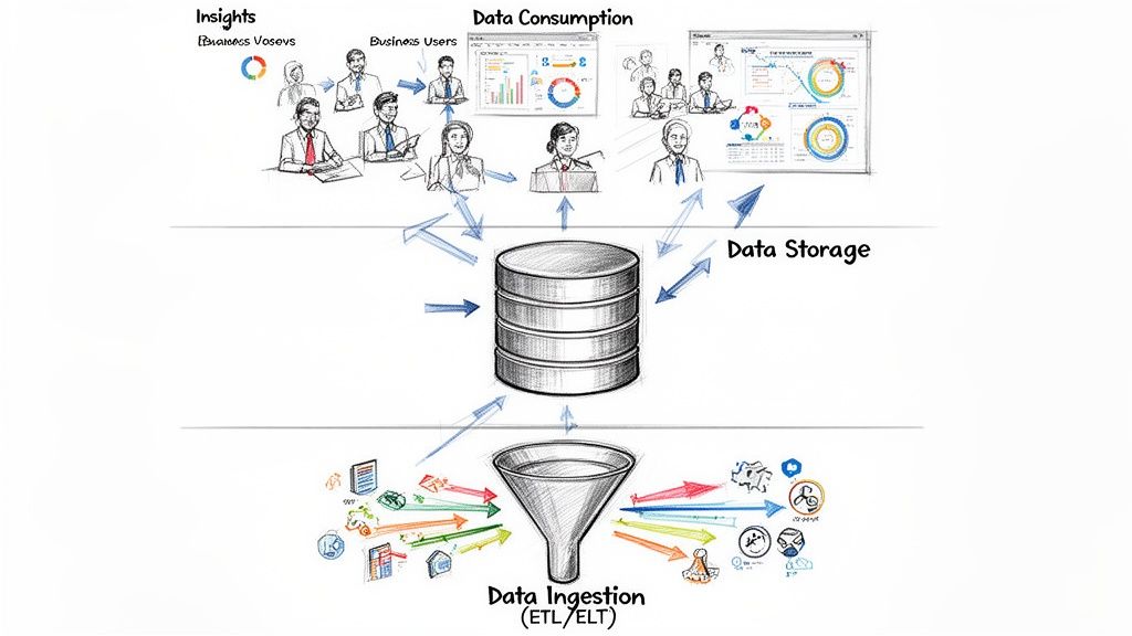 A hand-drawn diagram illustrating the data architecture process from ingestion to storage and data consumption analysis.