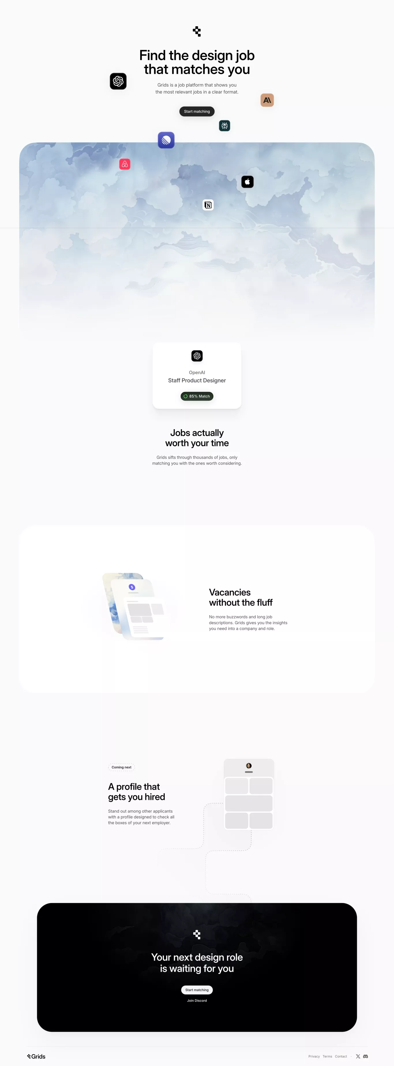 Grids landing page screenshot showcasing Design and HR design