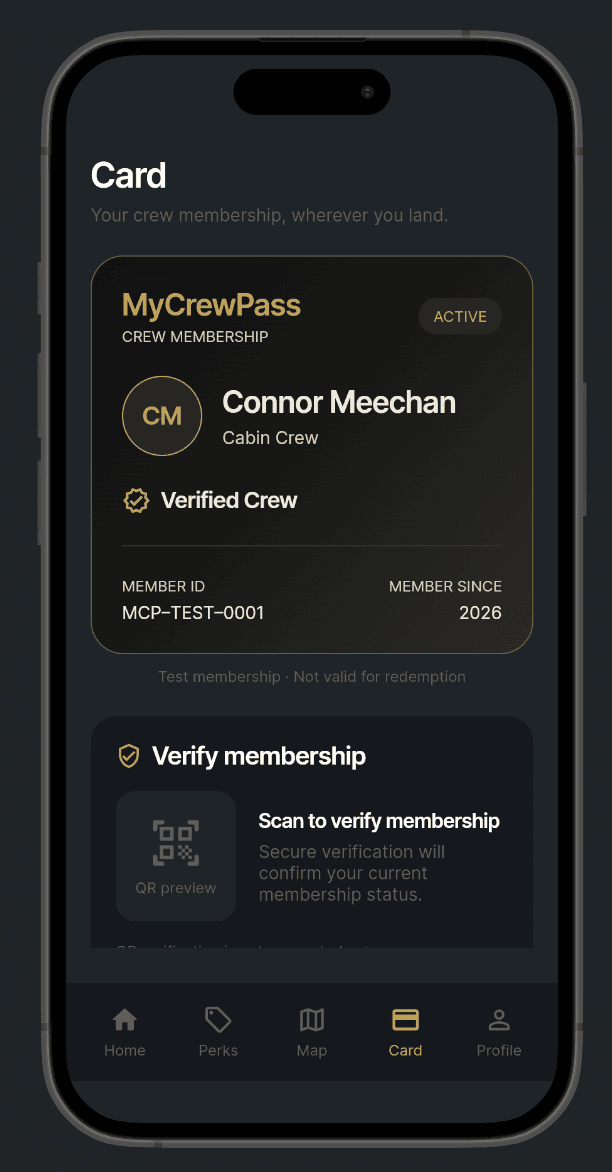 MyCrewPass verified crew membership card