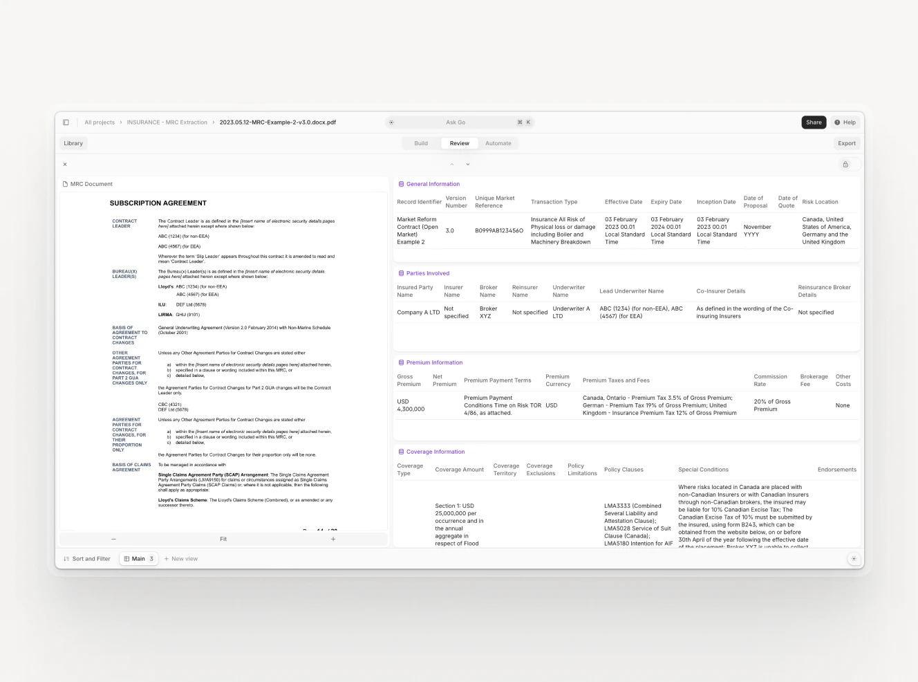 An insurance document displayed in an AI-powered document review tool. The interface shows the document on the left with highlighted text and extracted structured data fields on the right.