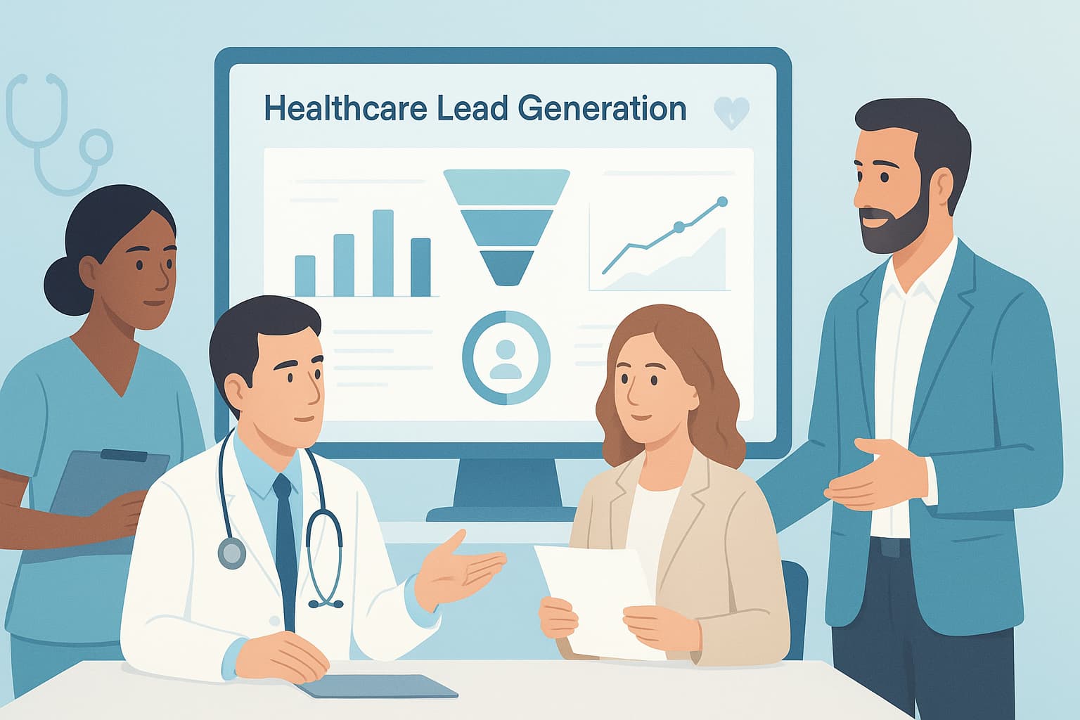 "Healthcare Lead Generation Agency That Delivers: Illustration of medical professionals discussing healthcare data and strategies."