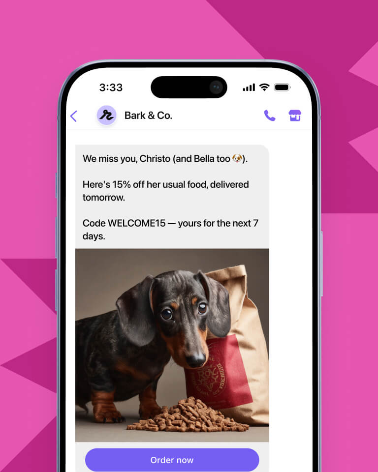Viber messaging campaign showcasing a personalized message from a pet e-commerce store.