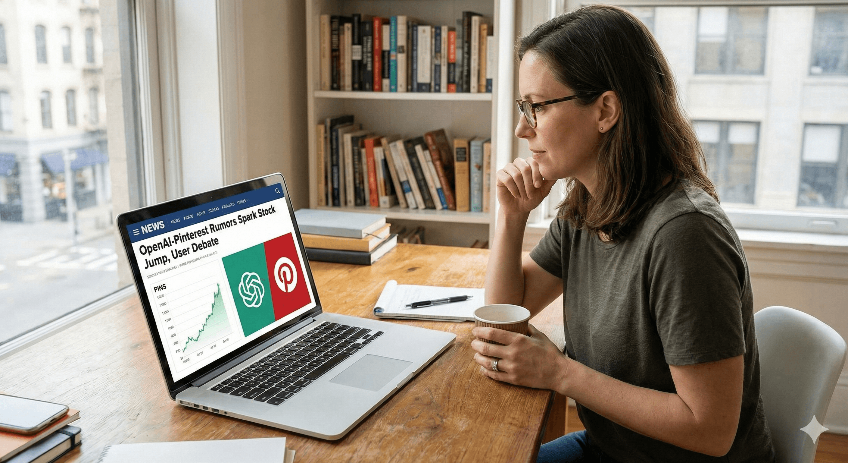 A person sitting at a wooden desk in a well-lit room, holding a coffee cup while attentively looking at a laptop displaying a financial news webpage titled "OpenAI, Pinterest Rumor Spark Stock Jump, User Debate," with graphs and logos on the screen.