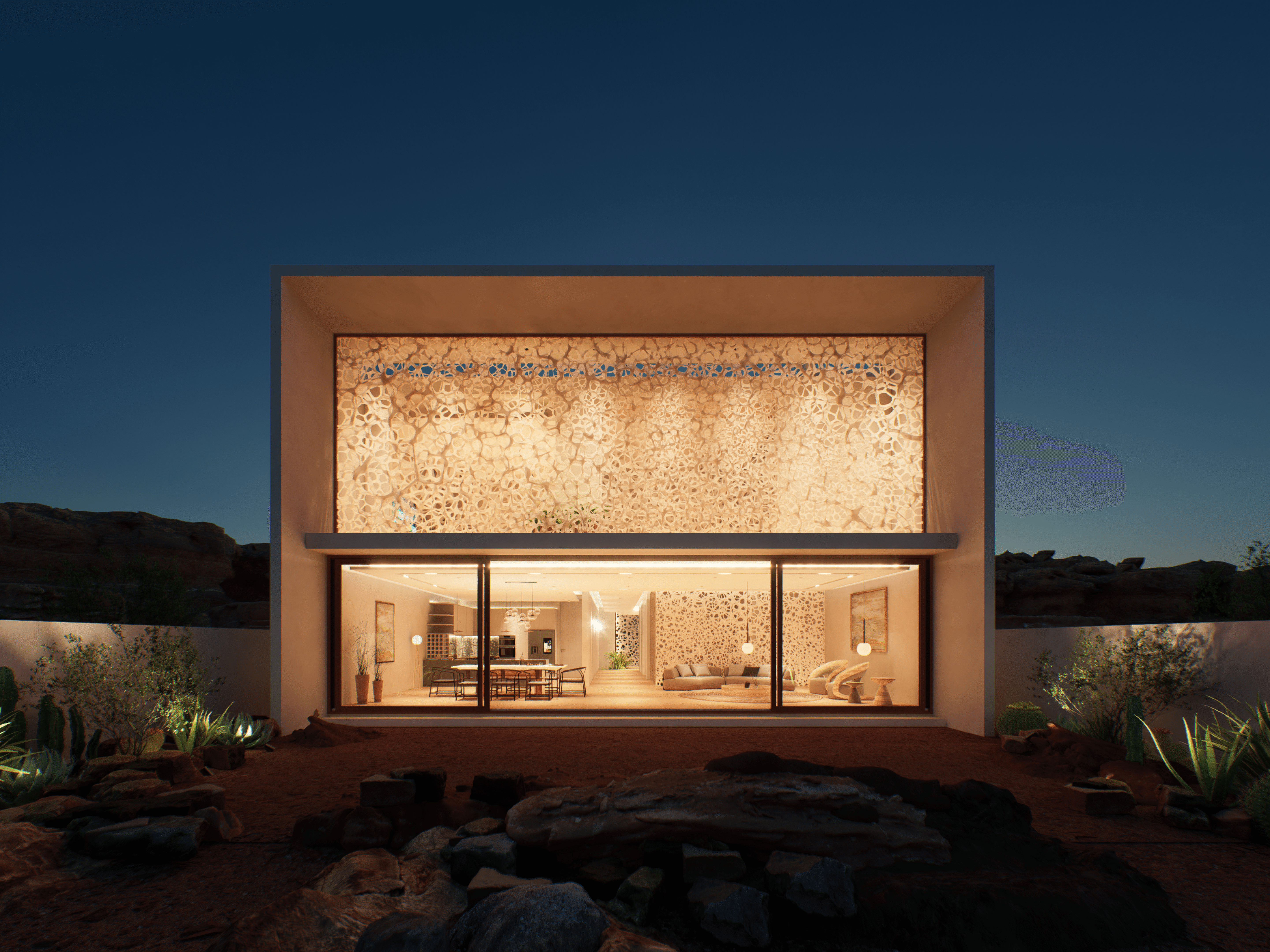Dubai Concept house back facade iluminated at night through its mesh facade.