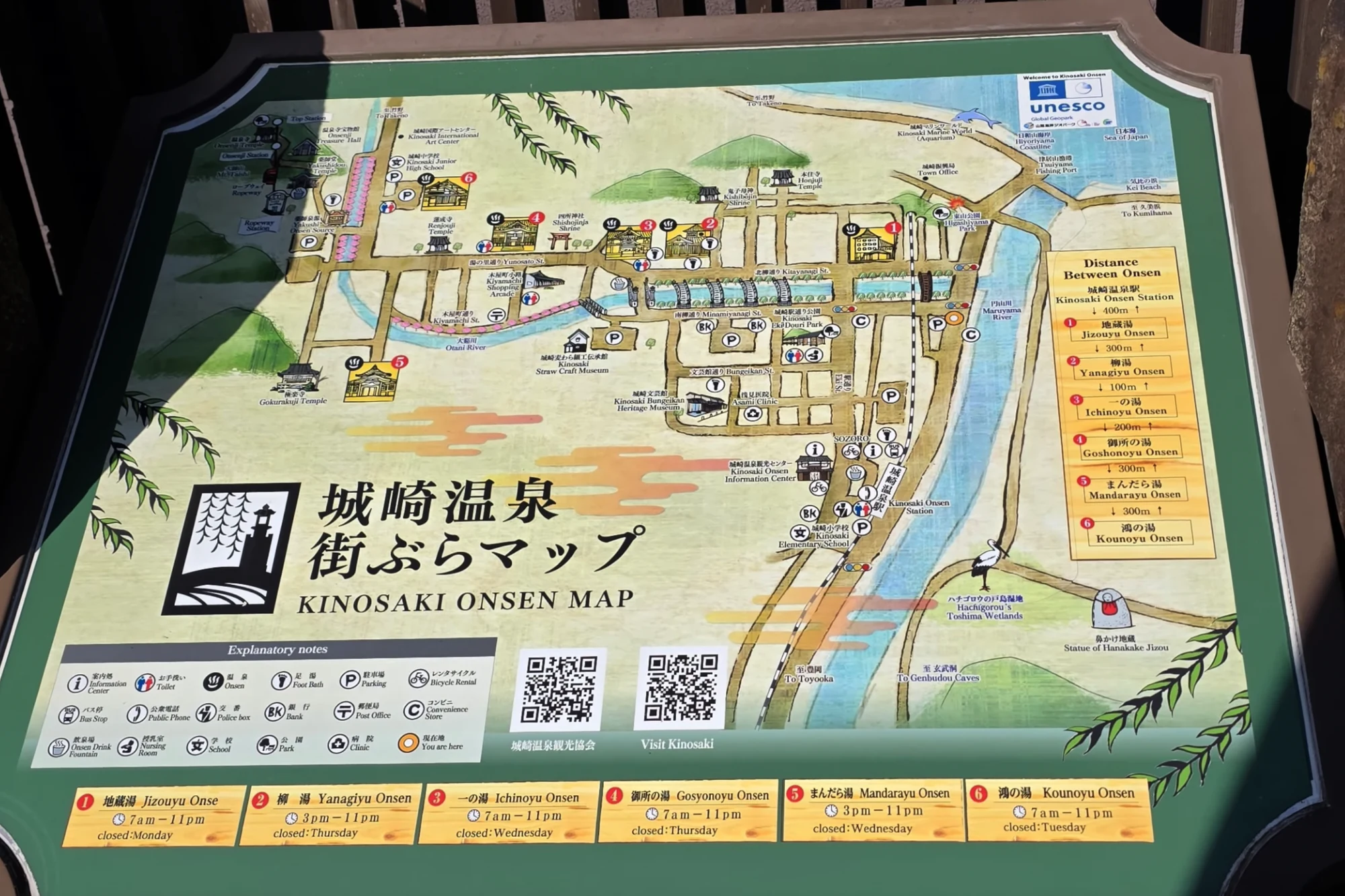 Bilingual Kinosaki map board showing the seven numbered bathhouses along the canal.