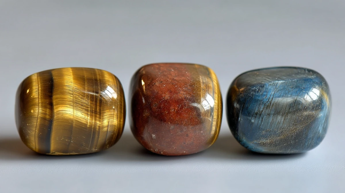 Golden, red, and blue tiger's eye stones side by side